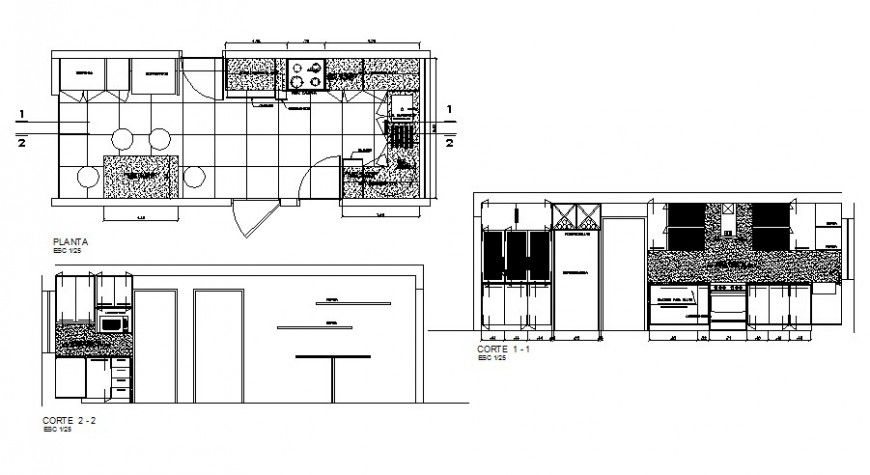 Kitchen area plan and sectional details drawings 2d view autocad file