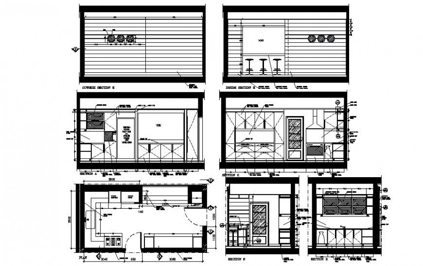 Kitchen area plan and sectional drawing autocad file