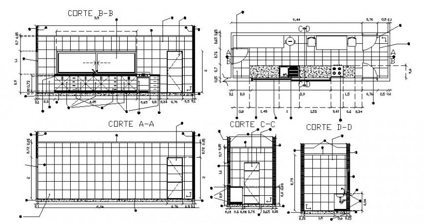 Kitchen area plan with sectional details in autocad