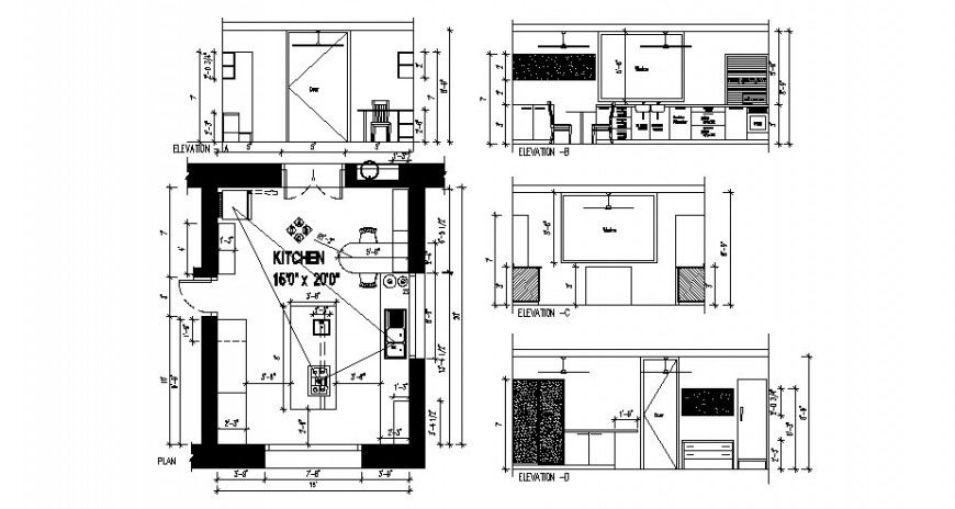 Kitchen area with dining area working plan and elevation in autocad software