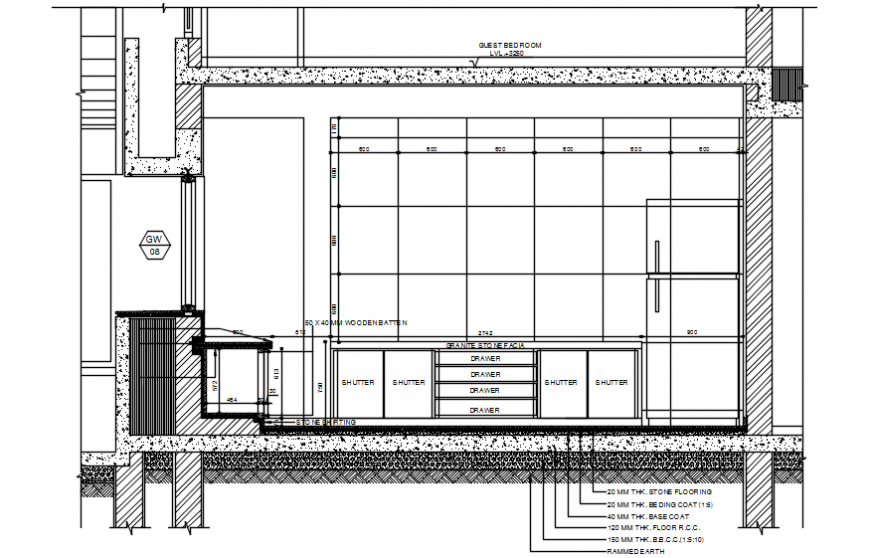 Kitchen back side constructive section cad drawing details dwg file