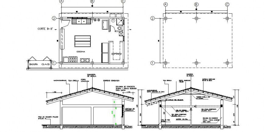 Kitchen both sided section, plan and structure details dwg file