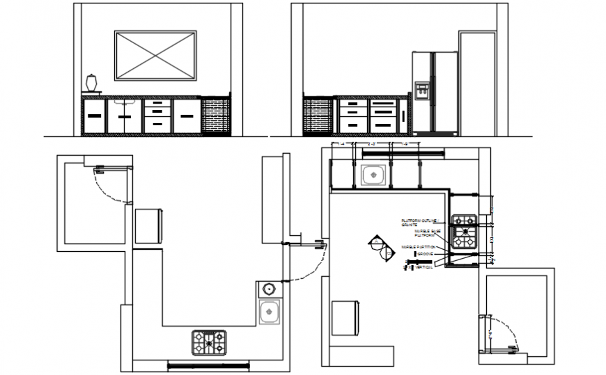 Kitchen both sided section and plan cad drawing details dwg file