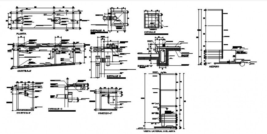Kitchen constructive sections and plumbing structure details for school dwg file