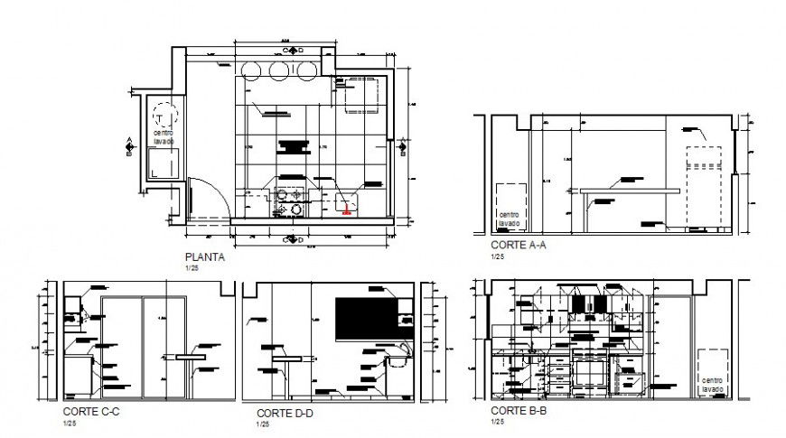 Kitchen design detail 2d view plan and section layout dwg file