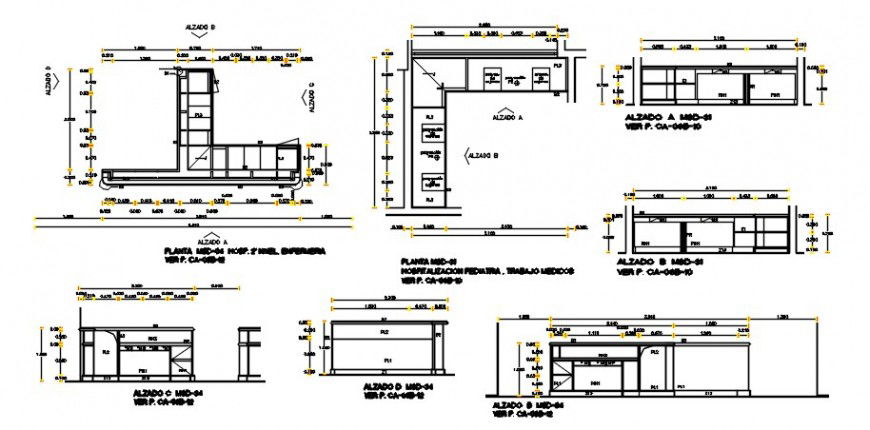 Kitchen desk and furniture elevations and carpentry details dwg file