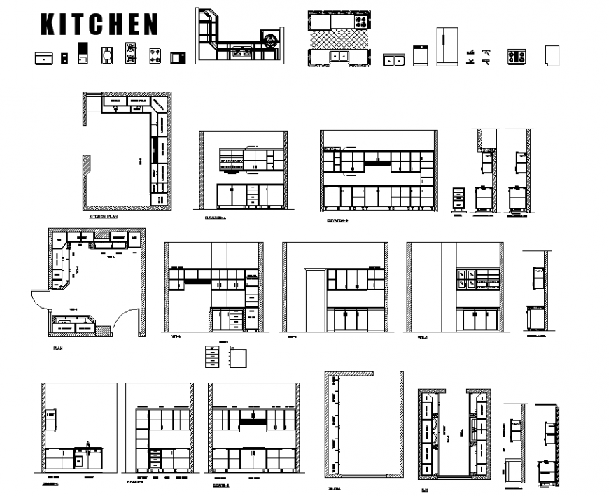 Detailed CAD Kitchen Blocks with Layouts and Dimensions in DWG File