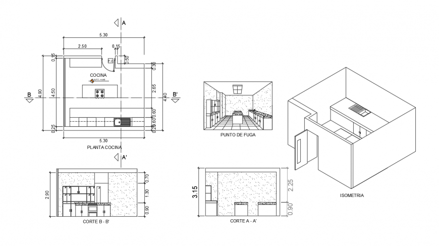 Kitchen elevation , layout plan and perspective dwg file