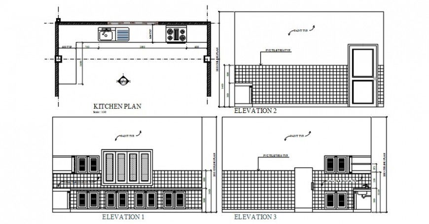 Kitchen elevation and plan drawings 2d view layout details dwg file