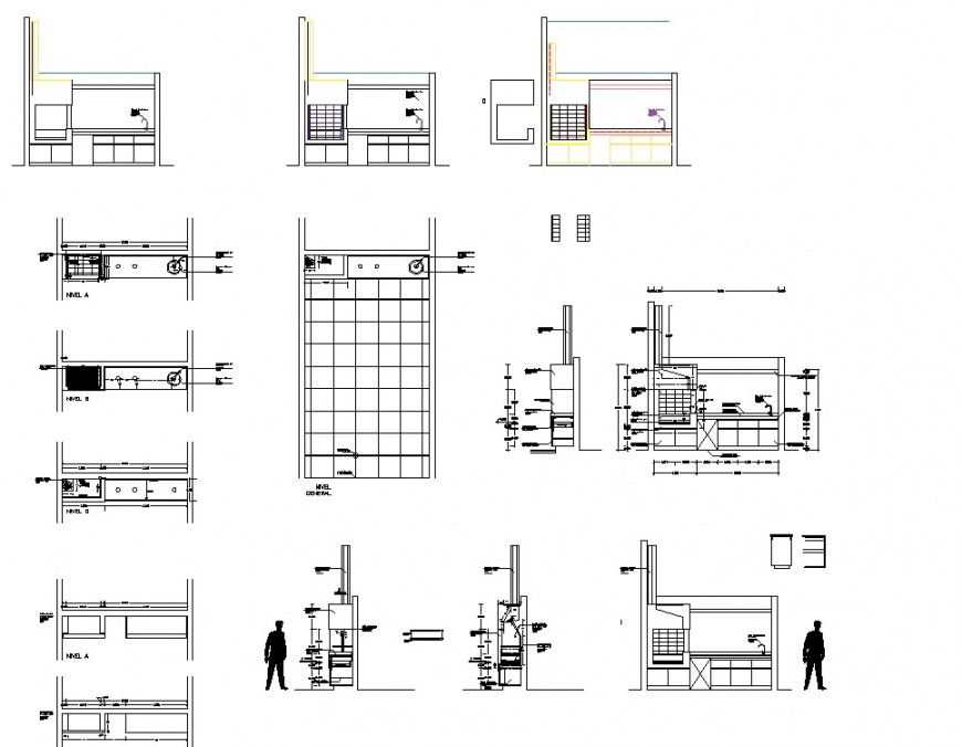 kitchen floor plan and section drawing in dwg file.