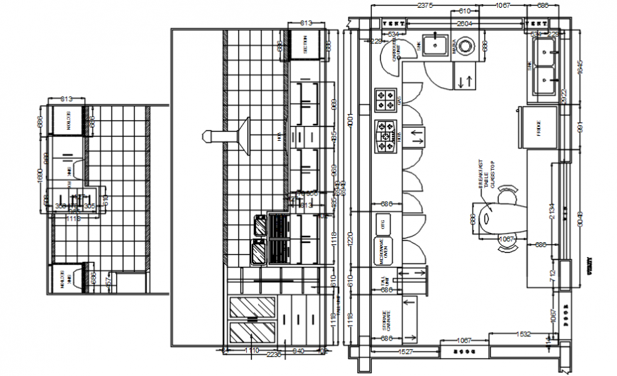 Kitchen for bungalow section and plan details with furniture cad drawing details dwg file