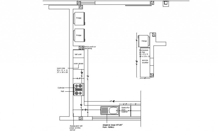 Kitchen for house distribution plan with furniture drawing details dwg file