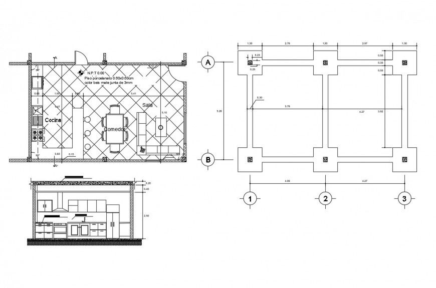 Kitchen foundation plan, section and plan cad drawing details dwg file