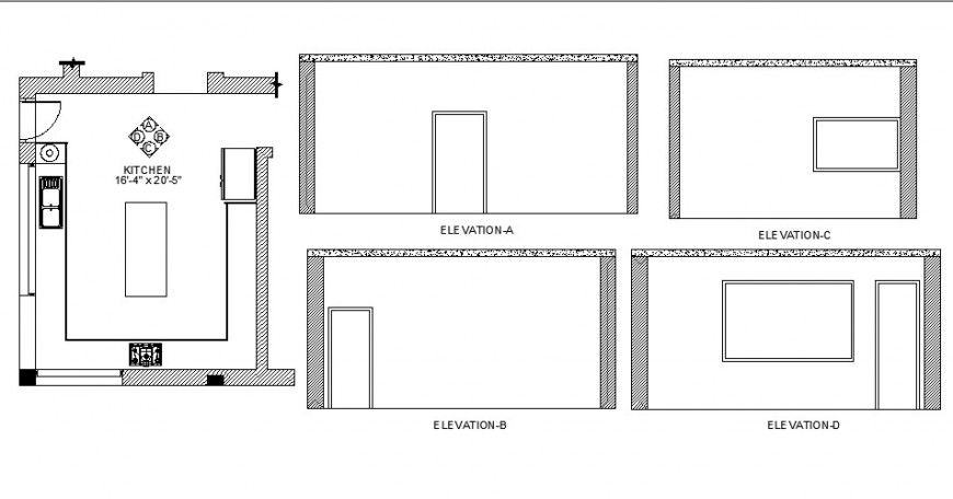Kitchen four sided elevation and plan cad drawing details dwg file