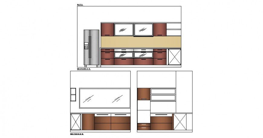 Kitchen front and back section with furniture cad drawing details dwg file