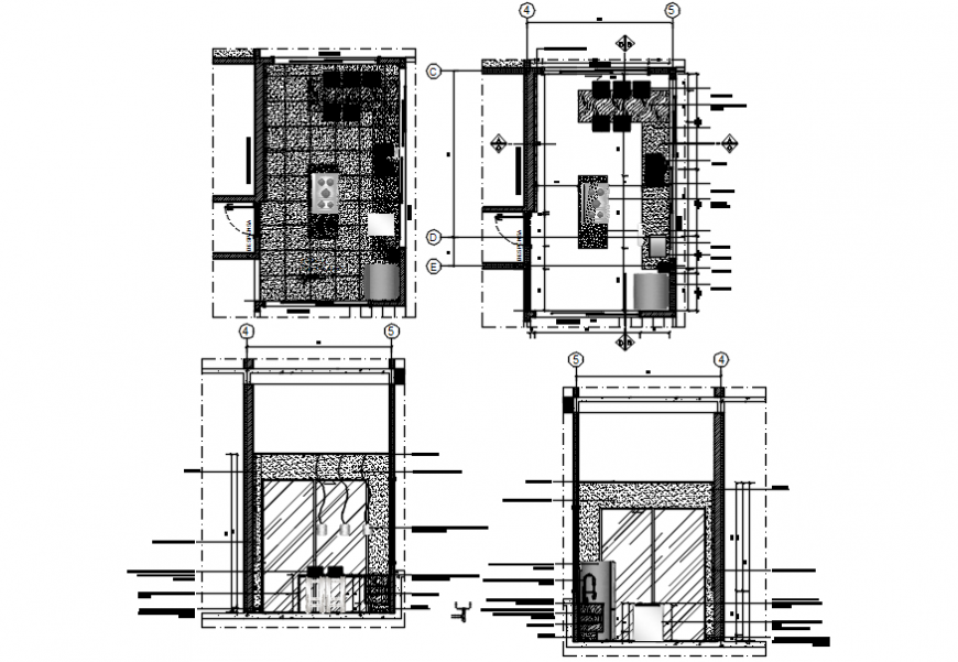 Kitchen front and back sections and plan cad drawing details dwg file