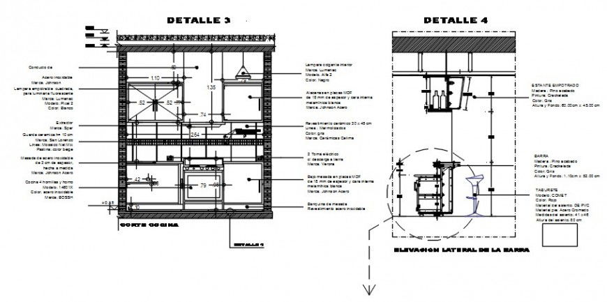 Kitchen front and side constructive section drawing details dwg file