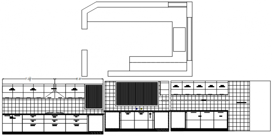 Kitchen front and side section and plan cad drawing details dwg file