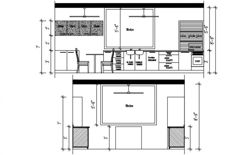 Kitchen front and side section with furniture cad drawing details dwg file