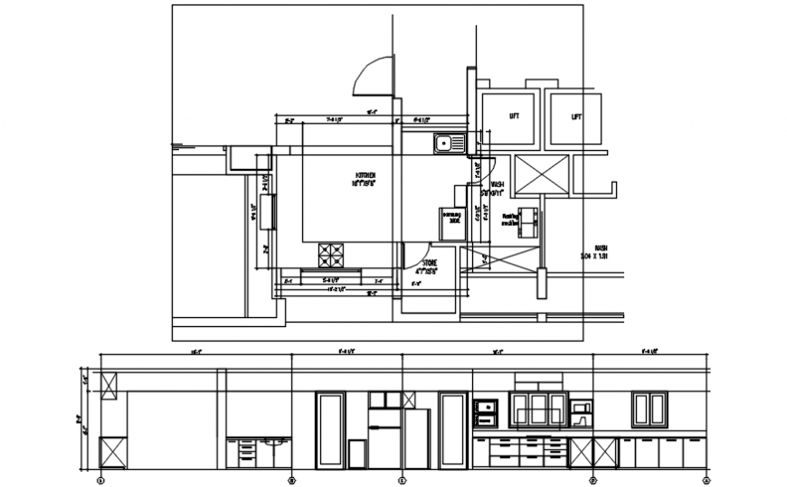 Kitchen frontal section and layout plan auto-cad drawing details dwg file