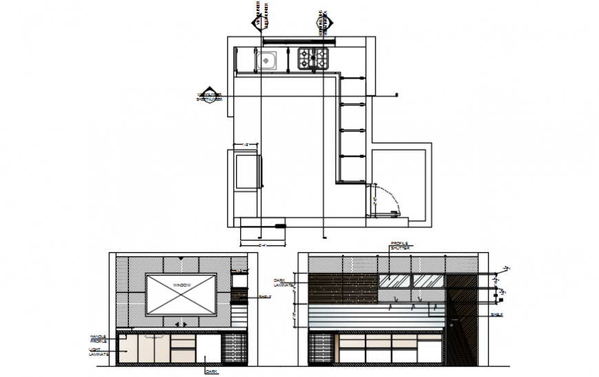 Kitchen furniture elevation and layout plan cad drawing details dwg file