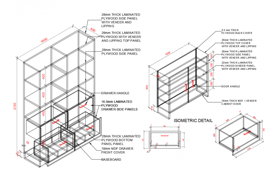 Kitchen Furniture Isometric detail with dimension drawing