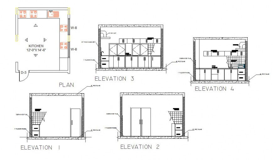 Kitchen interior detail elevation and plan 2d view CAD block layout autocad file