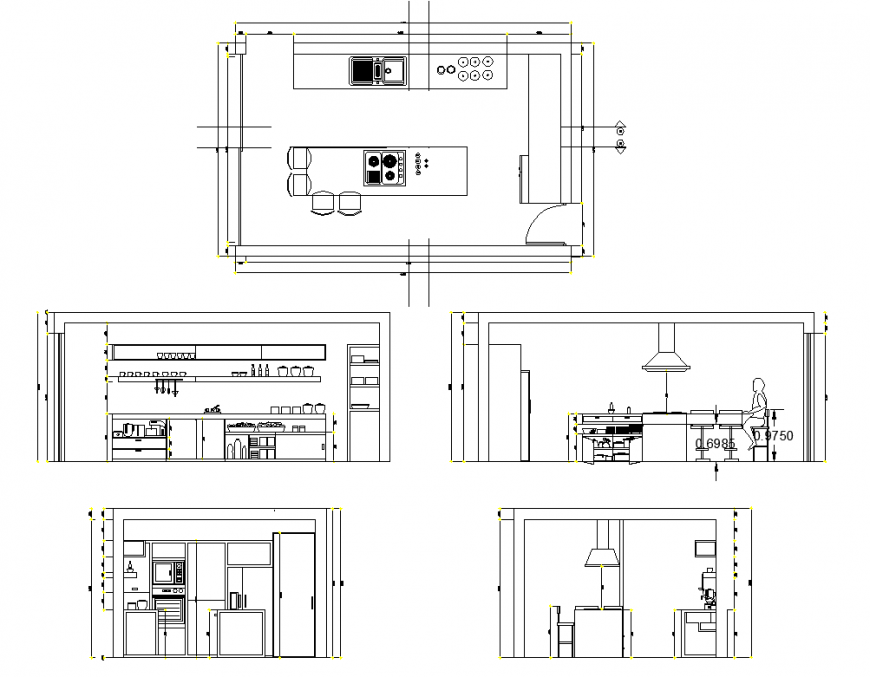 Kitchen interior detail structure 2d view layout dwg file