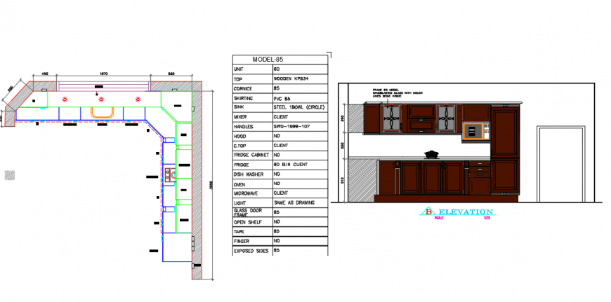 Kitchen Interior detail with plan & elevation design.