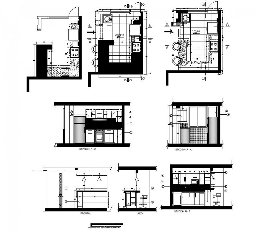 Kitchen interior elevation, plan and sectional 2d view CAD structural autocad file