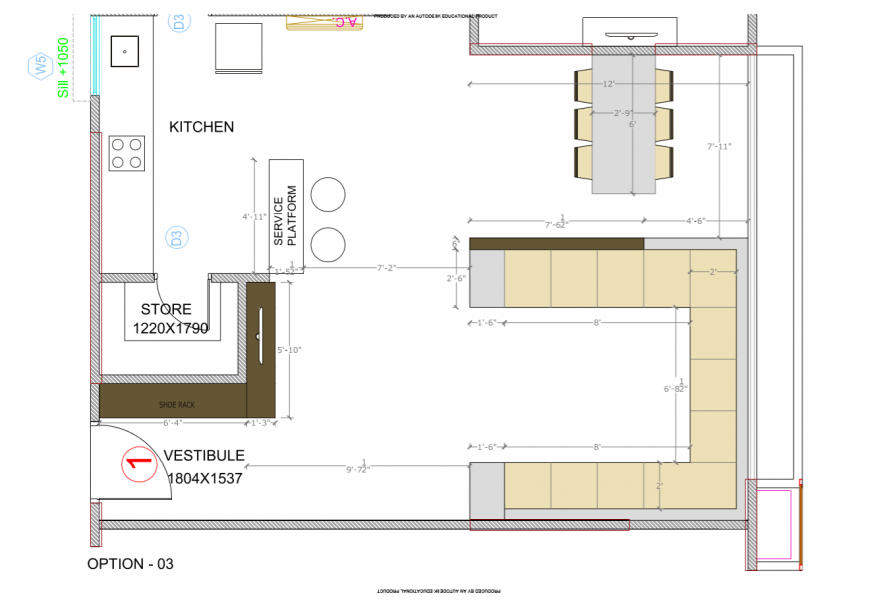 Kitchen interior model with dining area 2d view dwg file