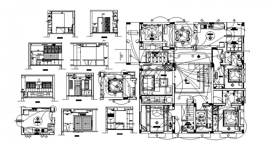Kitchen interior plan with house electrical installation 2d view autocad file