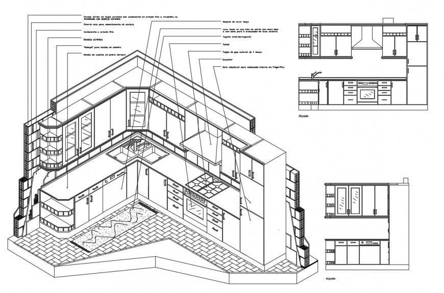 Kitchen isometric elevation, section and auto-cad drawing details dwg file