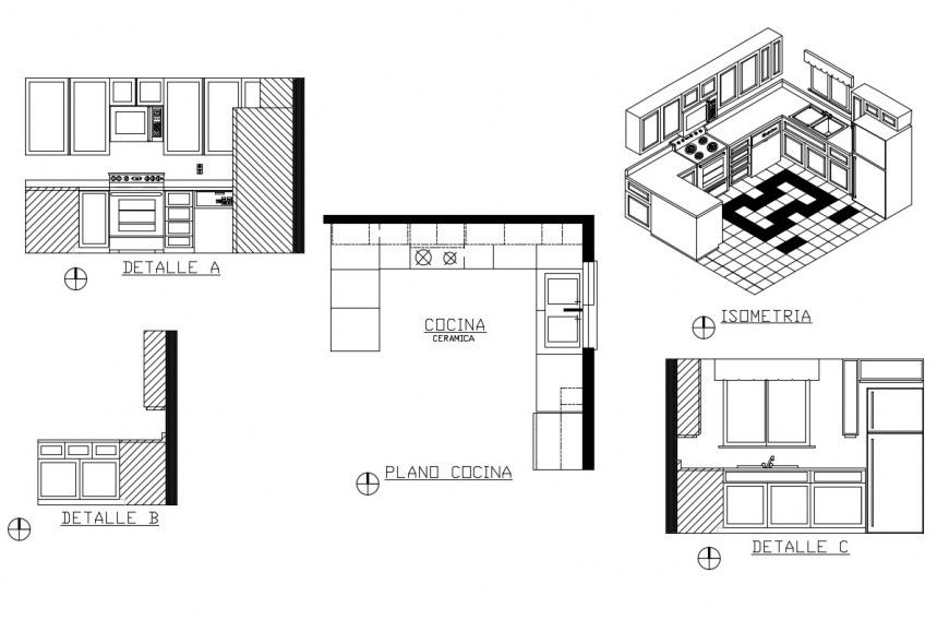 Kitchen isometric elevation and plan cad drawing details dwg file