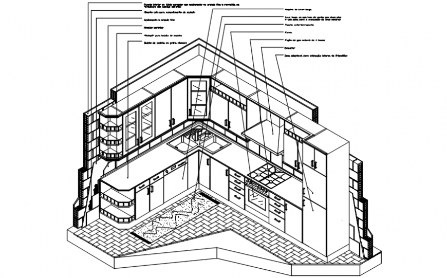 Kitchen isometric sectional model cad drawing details dwg file