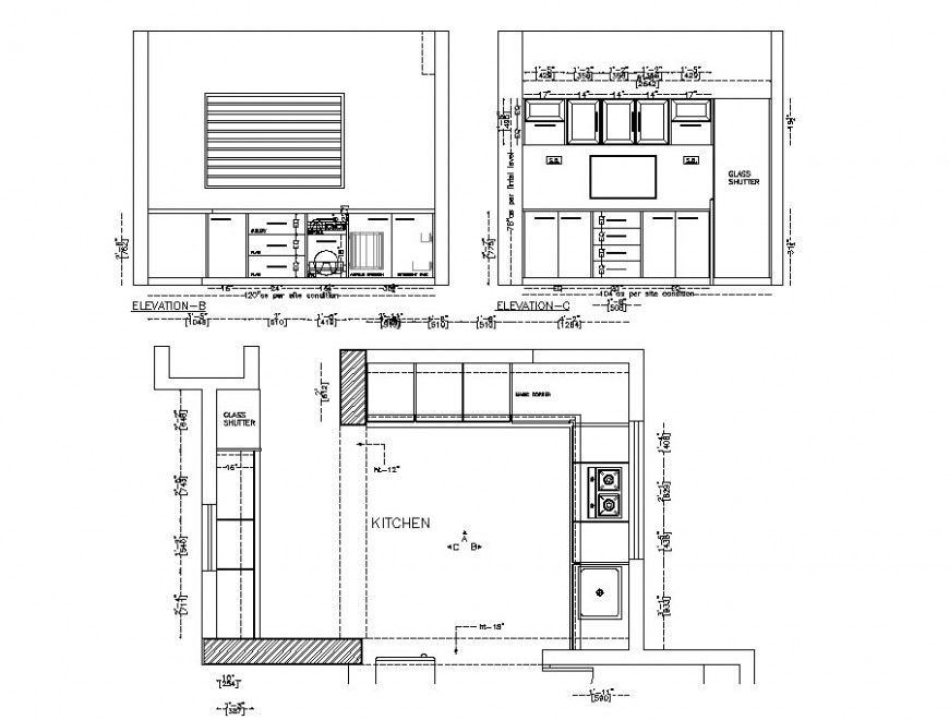 Kitchen layout plan, furniture and interior cad drawing details dwg file