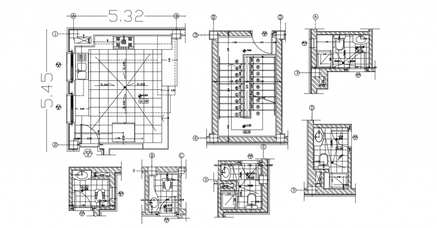 Kitchen layout plan and bathroom details for residential house dwg file