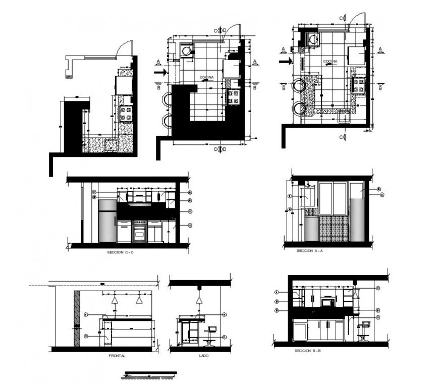 Kitchen layout plan and section detail 2d view CAD structure file in dwg format