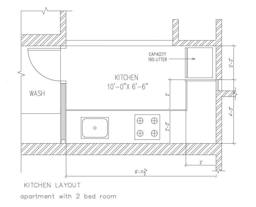 Kitchen layout plan drawing details of apartment building house dwg file
