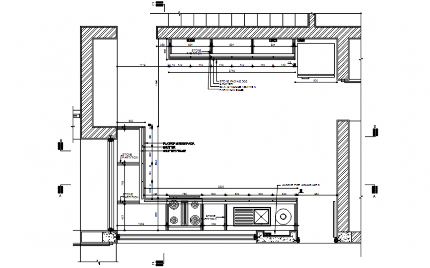 Kitchen layout plan with dimensions and wall details dwg file