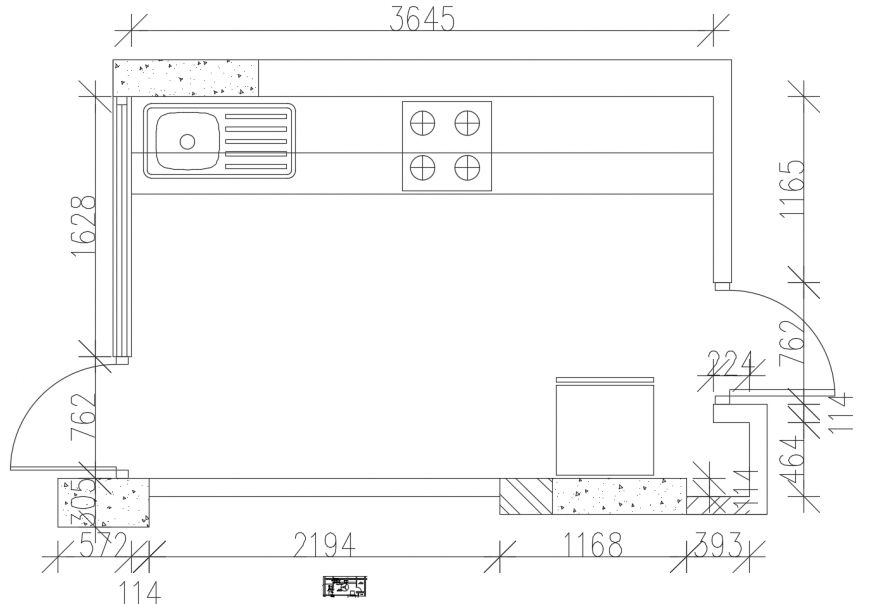Kitchen layout plan with dimensions for one family house dwg file