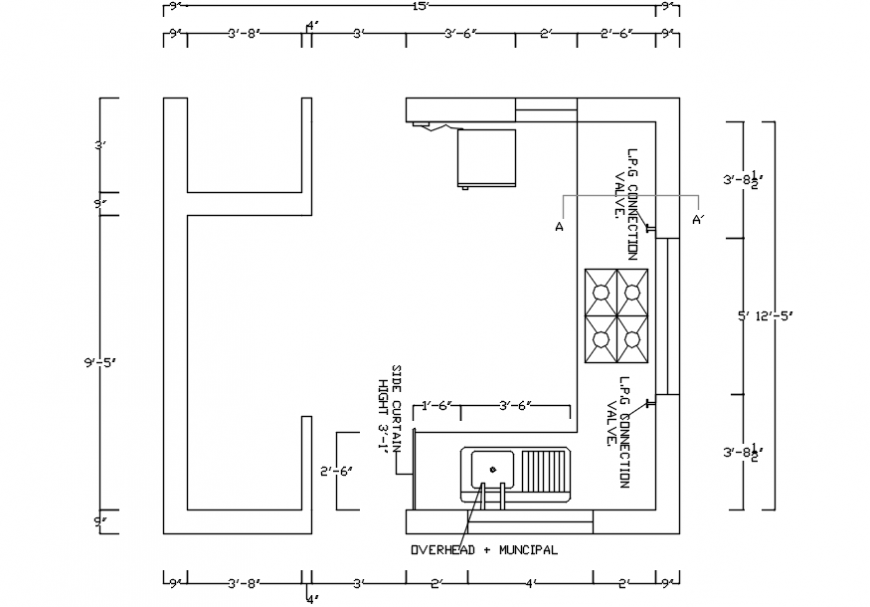 Kitchen layout plan with furniture and dimensions cad drawing details dwg file