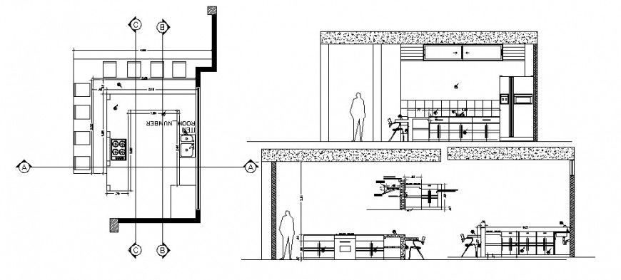 Kitchen main and back section and plan cad drawing details dwg file
