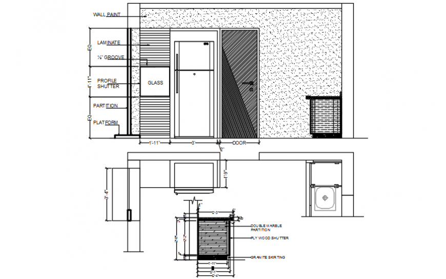 Kitchen main section, plan and furniture drawing details dwg file