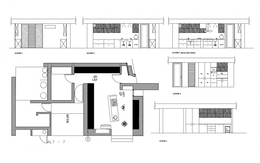Kitchen of house all sided section, plan and auto-cad drawing details dwg file