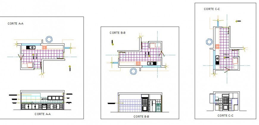 Kitchen of house all sided section, plan and furniture drawing details dwg file