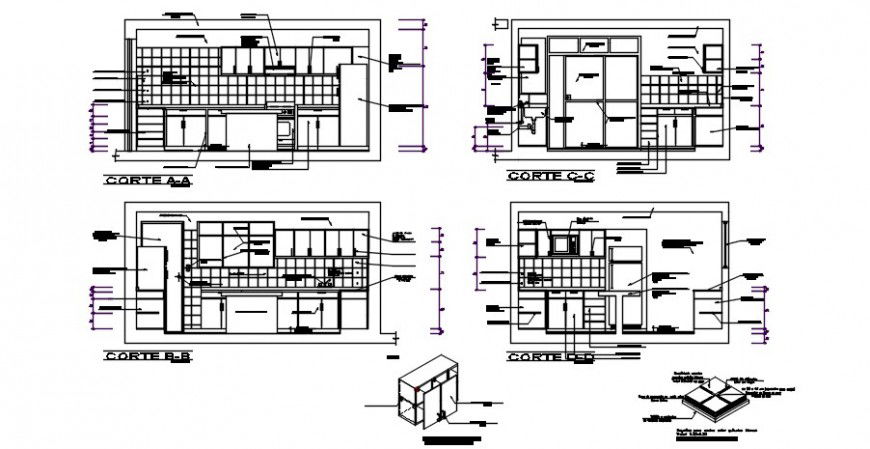 Kitchen of house all sided section with furniture cad drawing details dwg file