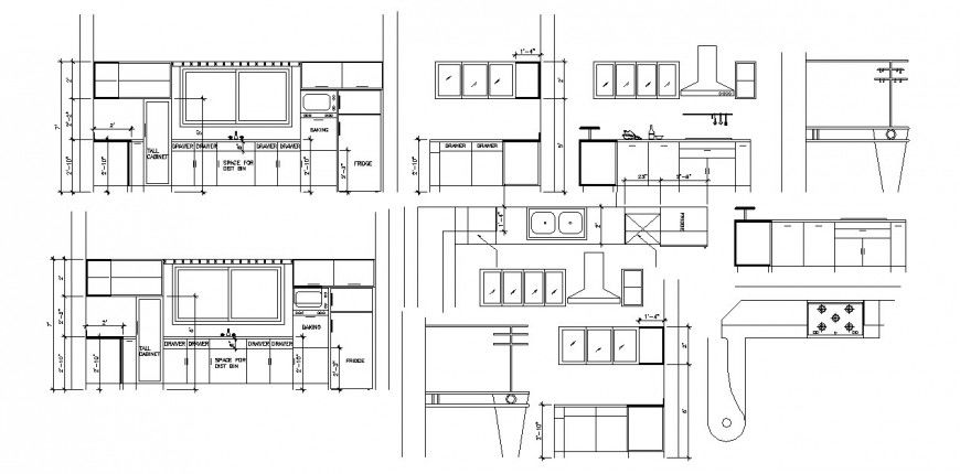 Kitchen of house cut section, plan and furniture cad drawing details dwg file