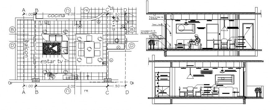 Kitchen of house main and back section and plan with furniture cad drawing details dwg file