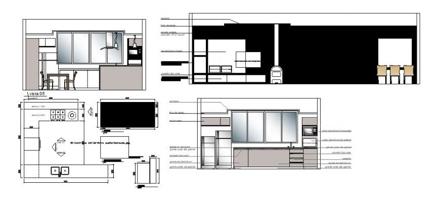 Kitchen of house main elevation, section, plan and interior details dwg file